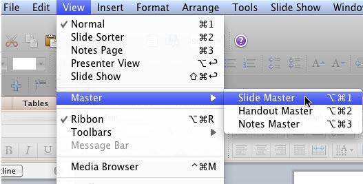 Slide Master option within the View menu Slide Master option within the View menu