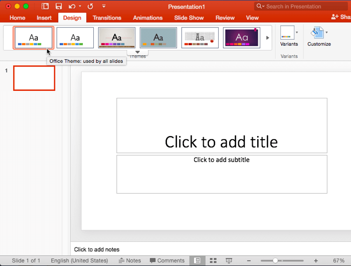 Blank presentation with Office Theme applied