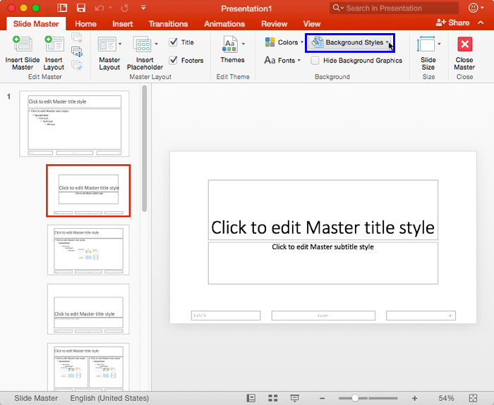Background Styles button within the Slide Master view