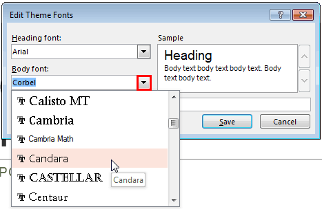 New Body font being selected