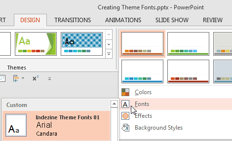 Theme Font edited and applied to the active presentation