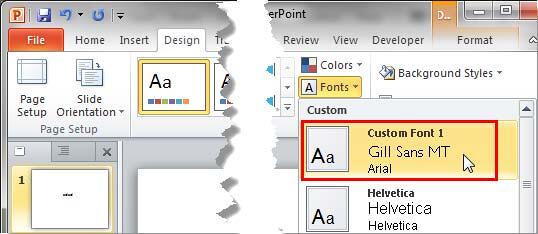 New Theme Fonts set within the Fonts drop-down gallery