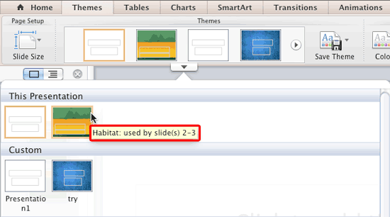 Tool tip shows Theme name and slide number(s) it is applied to