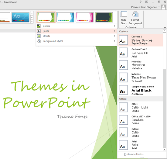 Different Theme Fonts set being selected
