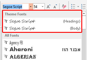 Changed Heading and Body fonts being displayed within the Fonts drop-down gallery