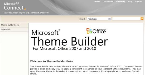 The Microsoft Connect page for Theme Builder (January 2011)