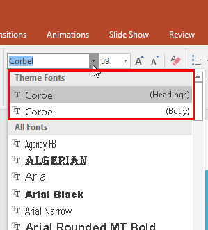 Heading and Body fonts being displayed within the Fonts drop-down list