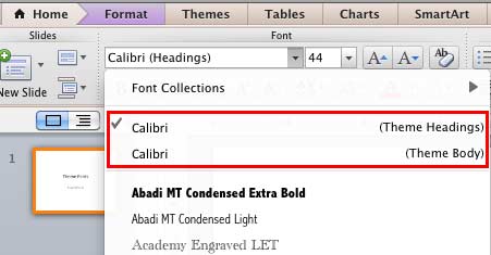 Theme Headings and Theme Body fonts being displayed within the Fonts drop-down gallery