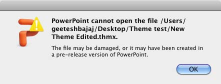 Error message displayed in PowerPoint 2011 while applying the Theme saved in Theme Builder