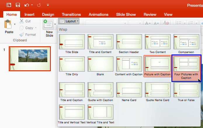 New Slide Layout within the Layout drop-down gallery
