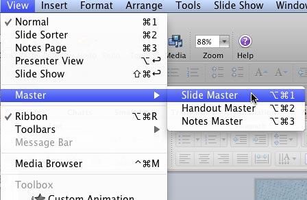 Slide Master option within the View menu Slide Master option within the View menu