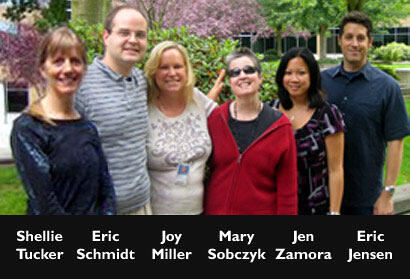 The PowerPoint Content Publishing Team, from left to right are Shellie Tucker, Eric Schmidt, Joy Miller, Mary Sobszyk, Jen Zamora, and Eric Jensen