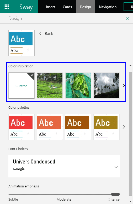 Customize options within the Design pane