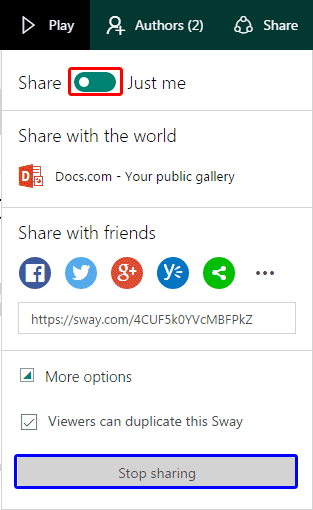 Share drop-down menu