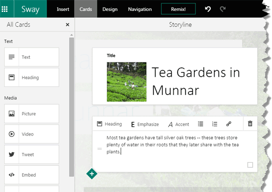 Text added within a Text Card in Sway