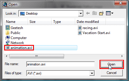 Select .AVI file and click Open