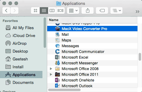 MacX Video Converter Pro within the Applications folder