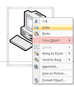 Right-click menu identifies as a Visio object