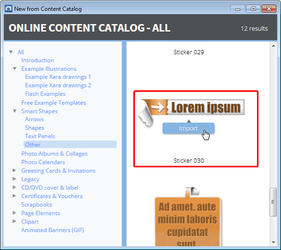 Sticker selected within New from Content Catalog dialog box