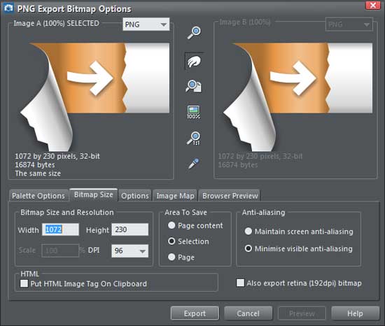 PNG Export Bitmap Options dialog box