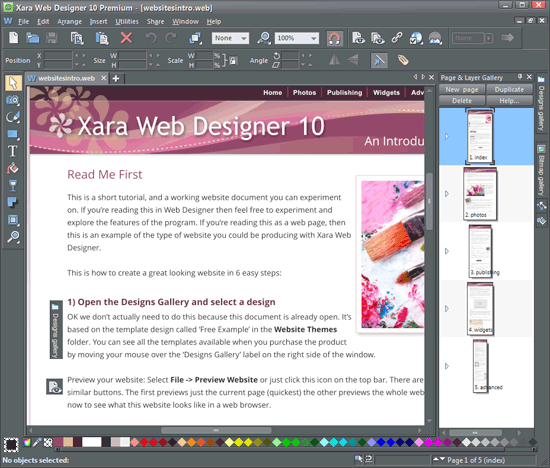  The Xara Web Designer 10 Premium interface
